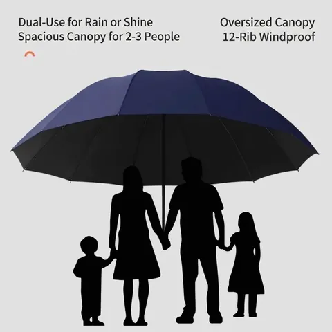 Extra Large Folding Umbrella Windproof 12-Rib Sun Rain Umbrella Manual Inverted Reverse Umbrella With Black Glue Coating Pongee Fabric For Men Women