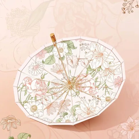 Vintage 16 Rib Floral Umbrella For Women UV Protection Foldable Sun Rain Umbrella Windproof Pongee Cloth Wood Handle Manual Umbrella