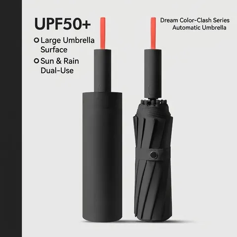 72 Ribs Automatic Folding Umbrella Large Windproof Sun Rain Umbrella UPF 50 Plus UV Protection Pongee Fabric Contrast Handle