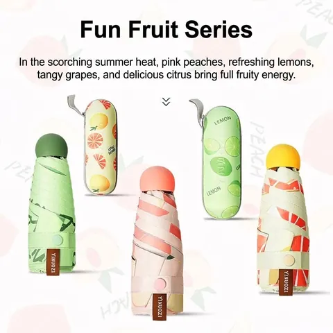 Portable Mini Folding Sun Umbrella UPF 50 Plus UV Protection Pongee Fabric Aluminum 5 Fold Fruit Print Parasol For Women Outdoor