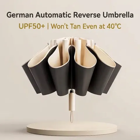Automatic Reverse Folding Pongee Cloth Umbrella UPF50+ Black Glue Coating Fiber Aluminum Ribs Reflective LED Umbrella