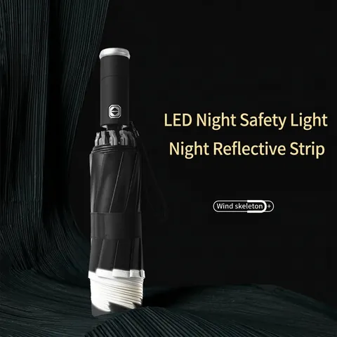 Fully Automatic Reverse Folding Umbrella LED Light Reflective Strip Windproof Sun Rain Pongee Black Coating Travel Umbrella