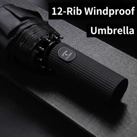 Large Automatic Folding Umbrella Windproof Reinforced Ribs Sun Rain Protection Black Coating Pongee Fabric Business Style