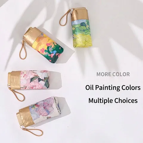 Portable Artistic Oil Painting Printed Sunshade Umbrella For Women UV Protection UPF50 Plus Compact Lightweight Five-Fold Parasol