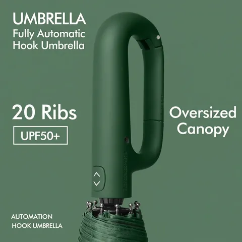 Fully Automatic Folding Umbrella With Carabiner Handle Windproof Large UV Protection Pongee Black Glue Coating Parasol For Men Women