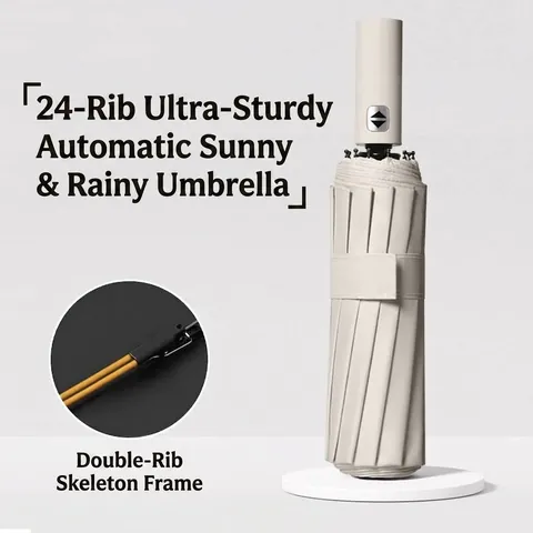 Automatic Folding Umbrella Windproof 12 Ribs Double Keel Reinforced Sun Rain Travel Umbrella UPF 50 Plus Black Glue Coating