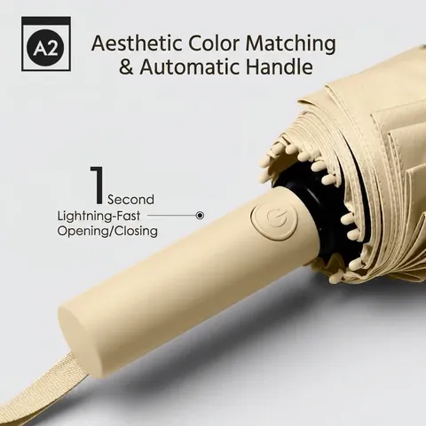 Automatic Folding Umbrella Strong Reinforced Ribs Windproof Large Sun Rain Travel Umbrella UV Protection Black Coating