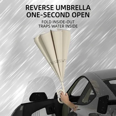 Ανάστροφη Ομπρέλα Διπλής Στρώσης Με Λαβή C Hands-Free Ανακλαστική Λωρίδα Ασφαλείας Αυτόματη Αντιανεμική Μεγάλη Ομπρέλα Με Μακριά Λαβή