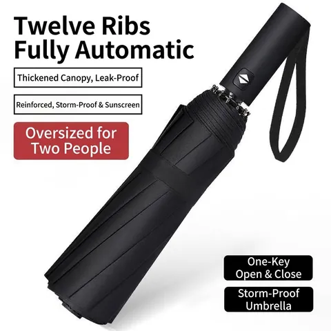 Automatic Folding Umbrella Windproof Twelve Ribs Black Glue Coating Large Double Layer Parasol For Rain Sun Protection UV Block Travel Compact Umbrella