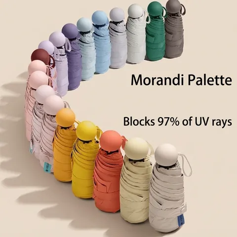 Mini Portable Sun and Rain Umbrella UPF 50+ UV Protection Compact 5-Fold Pongee Black Coating Sun Umbrella for Women