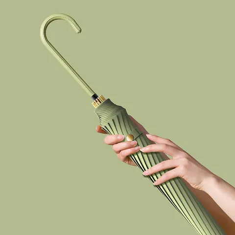 16-Rib Automatic Long Handle Umbrella Windproof UV Protection Pongee Fabric Sun Rain Dual Use J-Hook Leather Handle Umbrella