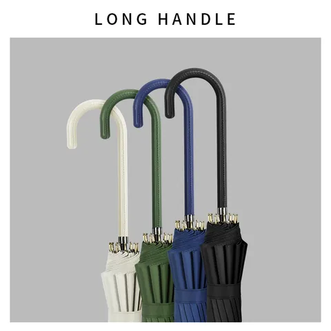 16-Rib Automatic Long Handle Umbrella Windproof UV Protection Pongee Fabric Sun Rain Dual Use J-Hook Leather Handle Umbrella
