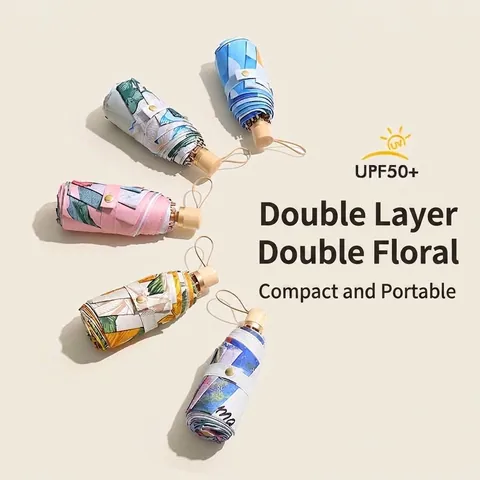 Artistic Oil Painting Floral Print Manual Five Fold Compact Sun Umbrella UV Protection Black Coating Wood Handle Parasol