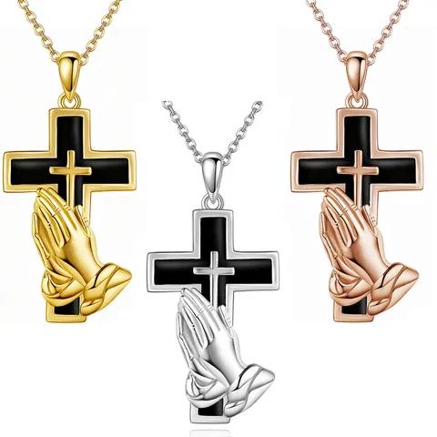Stainless Steel Cross Memorial Urn Necklace For Human Pet Ashes Praying Hands Openable Pendant Memorial Jewelry For Women Men