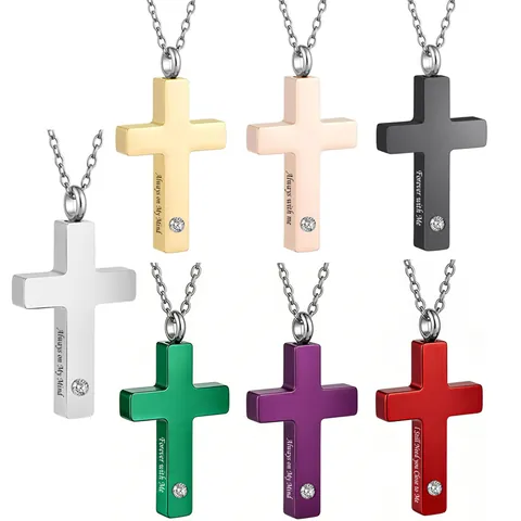 Collar de Urna de Cruz de Acero Inoxidable para Cenizas Colgante Conmemorativo Grabado Forever With Me Joyas de Cremación Strass para Hombres Mujeres
