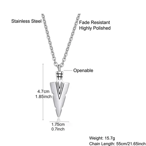 Stainless Steel Spearhead Cremation Urn Pendant Necklace For Men Memorial Ashes Keepsake Jewelry Arrowhead Design