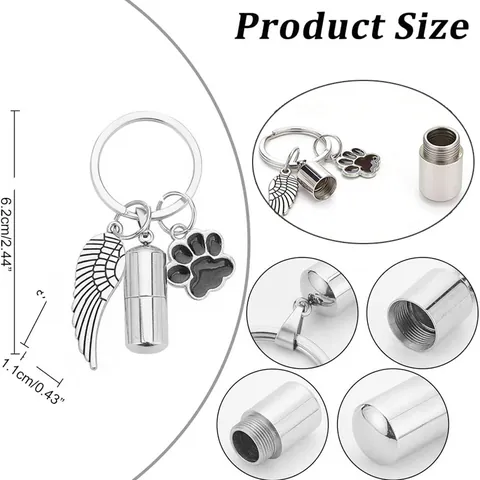 Stainless Steel Memorial Cremation Urn Keychain For Ashes Cylinder Pendant Angel Wing Paw Print Charms Pet Keepsake