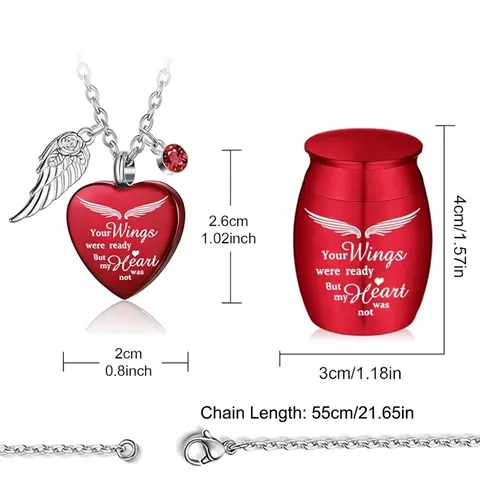 Stainless Steel Heart Memorial Urn Necklace Keepsake Jar Ashes Hair Holder Wings Rhinestone Cremation Jewelry For Pet Human