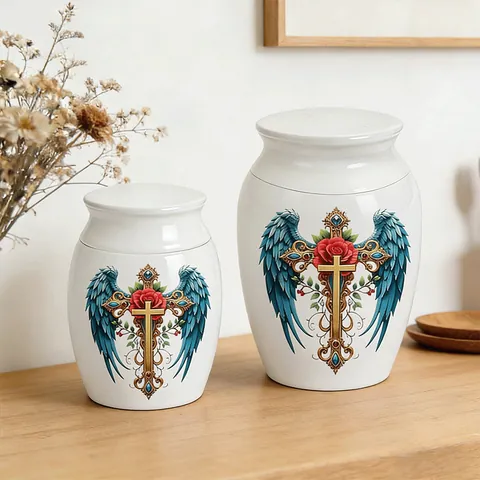 Aluminum Alloy Pet Cremation Urn Memorial Jar For Dogs Cats Ashes Keepsake With Religious Cross Rose Feather Pattern White