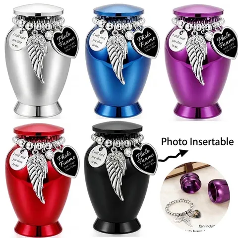 Mini Pet Memorial Urn Alloy Cremation Ashes Holder With Heart Photo Frame Angel Wing Charms Rhinestone Memorial Keepsake Casket