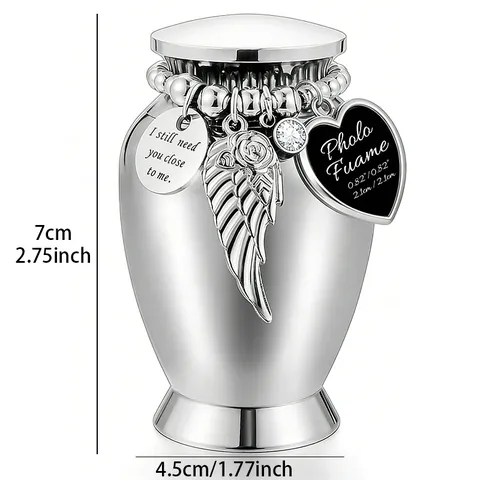 Mini Pet Memorial Urn Alloy Cremation Ashes Holder With Heart Photo Frame Angel Wing Charms Rhinestone Memorial Keepsake Casket