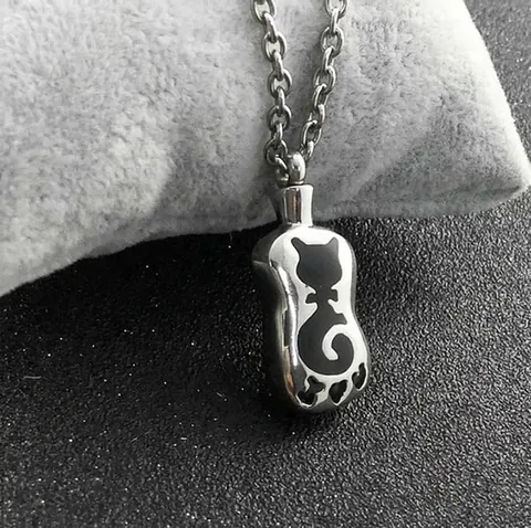Stainless Steel Cat Pet Memorial Ash Urn Necklace For Men Women Teardrop Bottle Pendant Keepsake Jewelry Perfume Holder Silver