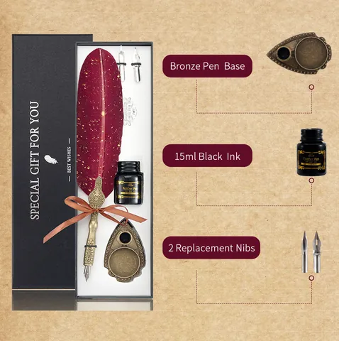 Vintage Feather Pen Set With Engraved Pen Holder Calligraphy Dip Pen Ink Stainless Steel Nibs Writing Gift For Writers