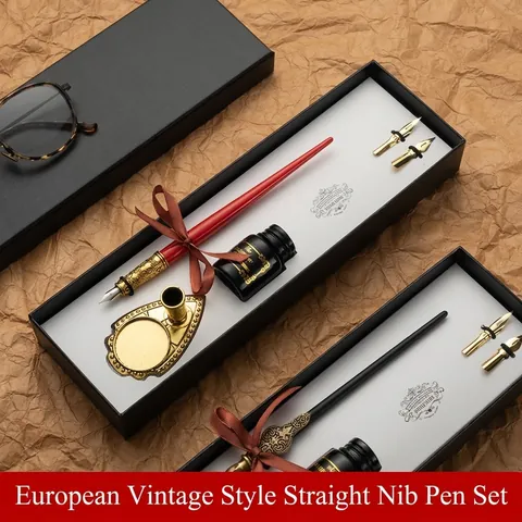 Vintage European Calligraphy Dip Pen With Wood Handle Metal Nib Stand Ink Packaging For Writing Drawing Business Gift