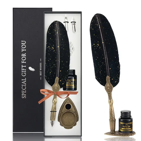 Vintage Feather Pen Set With Engraved Pen Holder Calligraphy Dip Pen Ink Stainless Steel Nibs Writing Gift For Writers