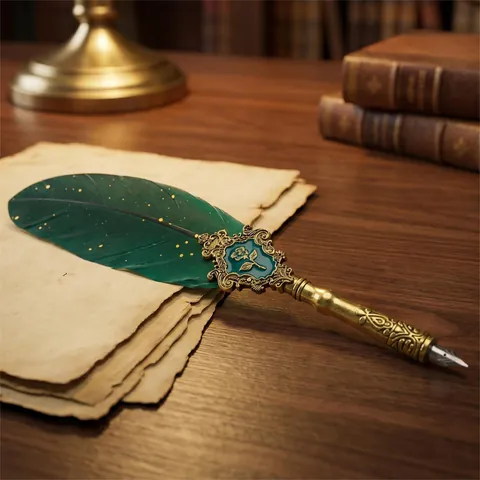 Vintage European Feather Dip Pen Set Artistic Natural Quill Pen With Stainless Steel Nib Alloy Embossed Handle Writing Gift