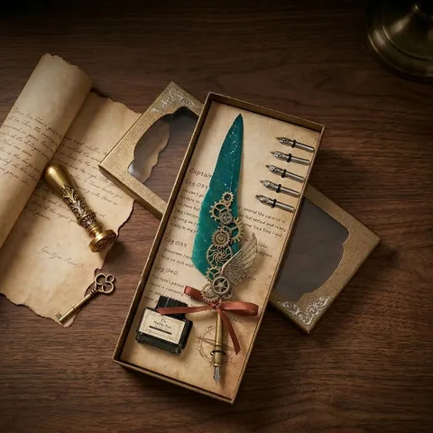 Ρετρό Steampunk Μηχανική Πένα με Φτερό Σετ Αντίκα Ευρωπαϊκού Στυλ Πένα Καλλιγραφίας Με Μύτες Μπουκάλι Μελάνι Σετ Δώρου για Γενέθλια