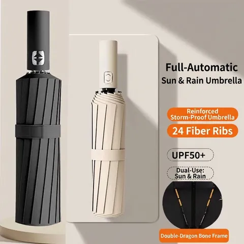 Fully Automatic Folding Umbrella UPF50+ Sun Protection Windproof Reinforced Ribs Sun Rain Parasol Large Travel Umbrella