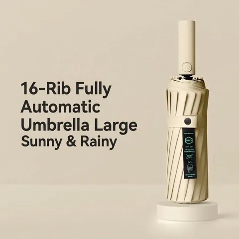 Automatic Folded Umbrella Windproof 16 Ribs Large Sun Rain Umbrella UV Protection Black Glue Coating Pongee Fabric For Men Women
