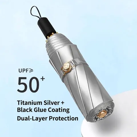 Large Folding Umbrella Titanium Silver Black Glue Coating UV Protection Manual Sunshade Windproof Parasol Rain Umbrella For Women Men Travel Daily