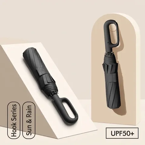 Automatic Folding Umbrella With D-Ring Hook Handle UPF 50 Plus Sun Protection Windproof Large Canopy Rain And Sunny Pongee Fabric Black Coating Umbrella