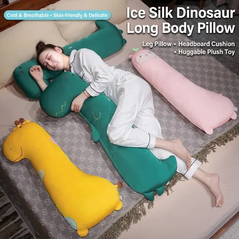 Oreiller de Corps Long en Soie de Glace Rafraîchissante Dinosaure Girafe Alpaga Mignon Coussin Brodé Doux pour Sommeil Canapé Maison