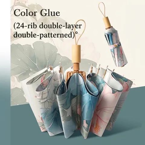 Vintage Double Layer Sun Umbrella With Floral Print And Wood Handle UV Protection Folding Parasol For Women Rain And Shine Daily Use