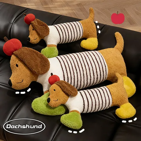 Coussin en Peluche Teckel à la Pomme de Dessin Animé Long Rayé Chien Oreiller de Corps pour Dormir Dormeur Latéral Jouet en Peluche