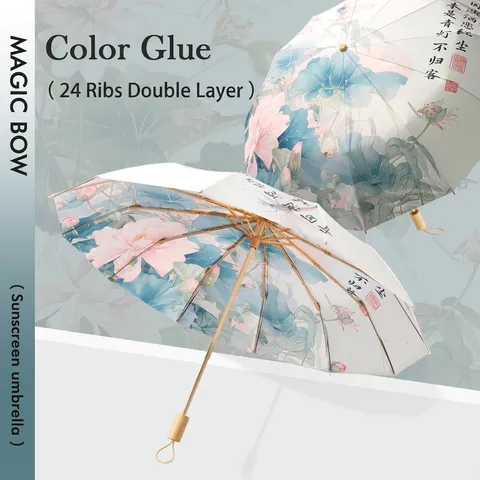 Vintage Double Layer Sun Umbrella With Floral Print And Wood Handle UV Protection Folding Parasol For Women Rain And Shine Daily Use