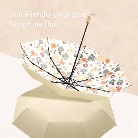 Pastoral Floral UV Protection Sun Rain Umbrella For Women High Density Pongee 3-Fold Portable Parasol Wood Grain Handle