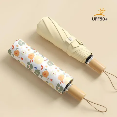 Pastoral Floral UV Protection Sun Rain Umbrella For Women High Density Pongee 3-Fold Portable Parasol Wood Grain Handle