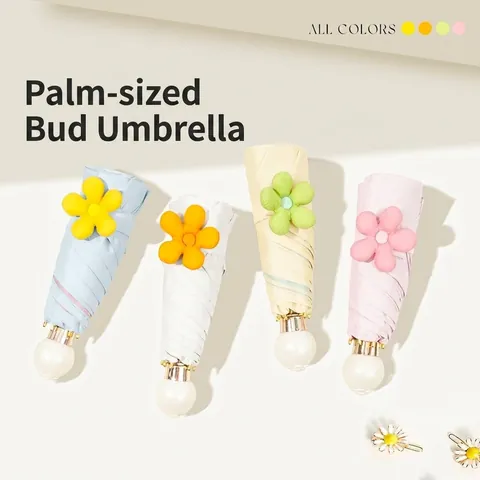 Portable UV Protection Sunshade Umbrella For Women Five-Fold Pongee Fabric Sun Umbrella With Flower Bud Design