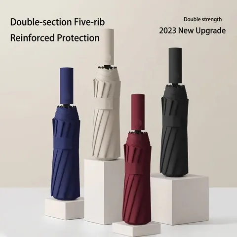Reinforced Automatic Folding Umbrella Windproof UV Protection Large Sun Rain Umbrella Pongee Fiberglass Multi-Rib Framework