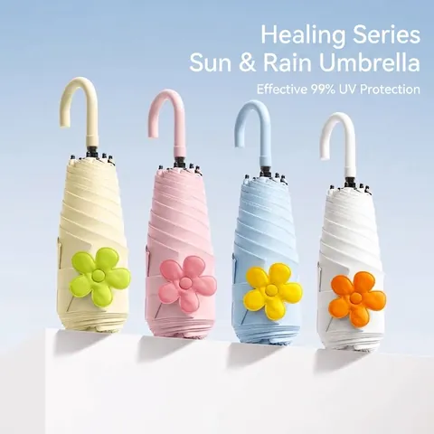 Five Fold Mini Pocket Sun Umbrella UV Protection Black Coating Pongee Fabric Portable Sun Rain Umbrella With Flower Decor For Women
