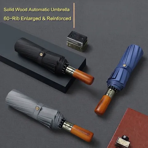 Automatic Folding Umbrella Wood Handle Windproof UV Protection Large Reinforced Parasol For Rain Sun Men Women Business Style