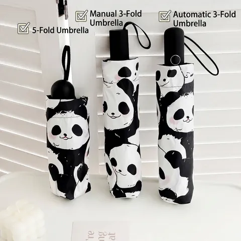 Cute Panda Pattern Automatic Umbrella Sun Rain UV Protection Mini Folding Umbrella For Women Students Black Coating Parasol