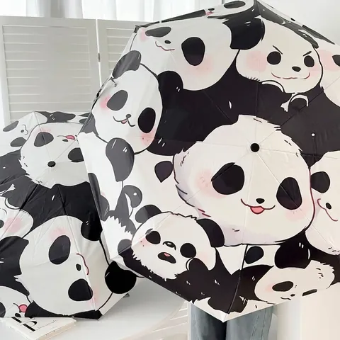Cute Panda Pattern Automatic Umbrella Sun Rain UV Protection Mini Folding Umbrella For Women Students Black Coating Parasol