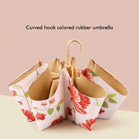 Women Vintage Floral Sun Rain Umbrella With Gold Curved Hook Handle UV Protection Manual Folding Parasol Compact Travel Umbrella