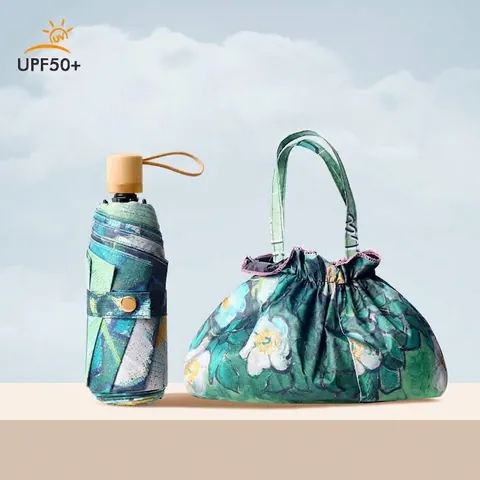 Portable 5-Fold UV Protection Sun Umbrella Double-Layer Black Glue Hand-Drawn Floral Print Mini Pocket Umbrella Sun Rain Dual Use Women Travel Umbrella