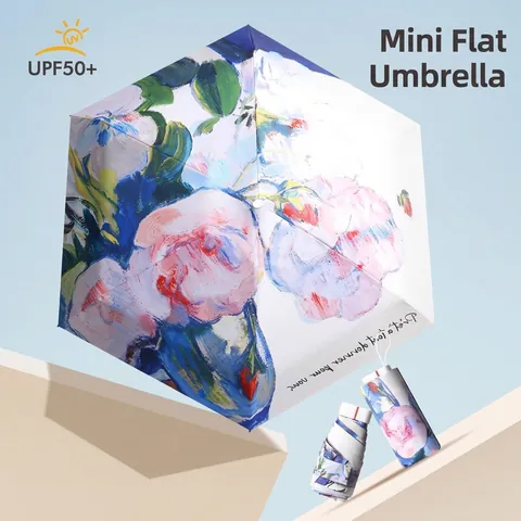 Women Flat Folding Sun Umbrella Artistic Hand Painted Floral Oil Painting Print UPF50 Anti-UV Portable Travel Rain Umbrella